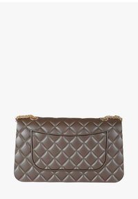 Borsa a mano in pelle trapuntata marrone con finitura liscia, dotata di una tasca frontale, tracolla a catena dorata e motivo a diamante sulla superficie.