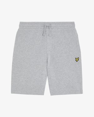 Pantaloncini casual grigio chiaro con vita elasticizzata e coulisse, con un piccolo logo di un uccellino giallo sulla gamba destra.