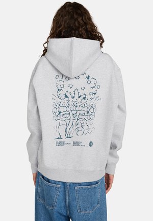 Grijs hoodie met een blauwe grafische print op de achterkant, waarop gestileerde karakters en tekst te zien zijn, met ribgebreide manchetten en zoom.