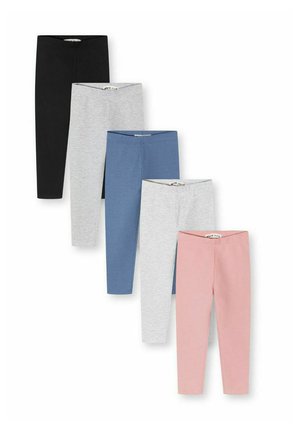 Öt pár egyszínű, boka alá érő leggings fekete, világosszürke, kék, világosszürke és rózsaszín színekben, felváltva elrendezve függőleges vonalban.
