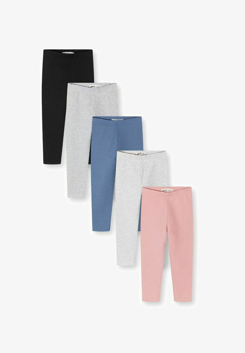 Pet par jednostavnih tajica dužine do gležnja u crnoj, svijetlosivoj, plavoj, svijetlosivoj i ružičastoj boji, raspoređene u pomaknutom vertikalnom nizu.