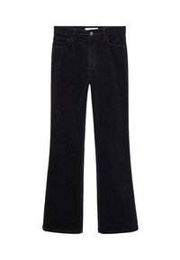 Black corduroy flared trousers with five pockets, a front button closure, and smooth texture. Features subtle stitching along the seams.