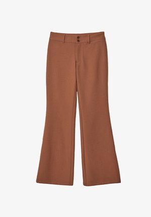 Braune, ausgestellte Hosen aus weichem Stoff. Sie verfügen über zwei vordere Knöpfe und eine glatte Textur ohne sichtbare Muster oder Akzente.