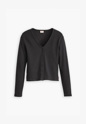 Zwarte geribbelde cardigan met lange mouwen, V-hals en zes knopen aan de voorkant. Gemaakt van zachte textuurstof.