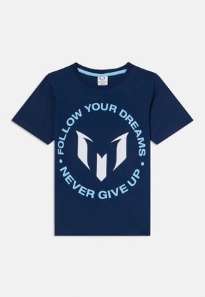 Navy blue T-shirt with light blue text "Follow your dreams • Never give up" encircling a white abstract logo on the front.