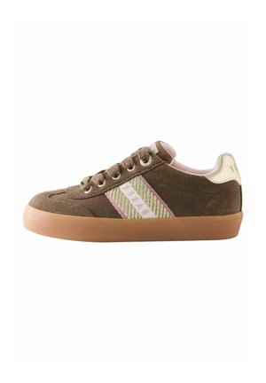 Brown suede sneaker with pink and gold fabric stripes, pink lining, gold eyelets, and gum sole, side view.