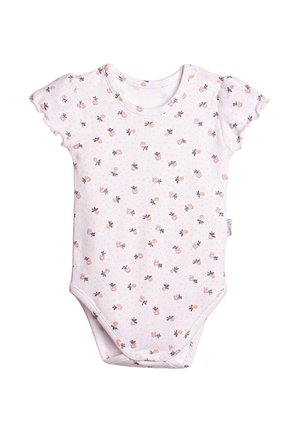 Biały body niemowlęcy z krótkimi falbaniastymi rękawkami i drobnym wzorem kwiatowym w kolorze różowym i pomarańczowym na całej powierzchni, z napami u dołu.