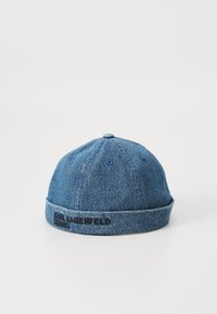 Denim cap with a rounded shape, folded brim, blue color, and black embroidered "KARL LAGERFELD JEANS" text on the side.