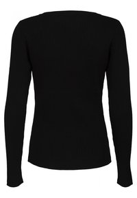 Svart långärmad topp med ribbat mönster, med en rund halsringning och en figurnära silhuett. Slätt tyg med en subtil lyster.