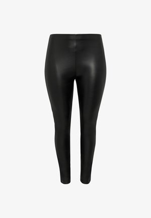 Czarne legginsy wykonane z syntetycznej skóry, charakteryzujące się gładką fakturą, dopasowanym krojem i wysokim stanem, odpowiednie do codziennego użytku.