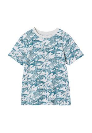 Short-sleeve white t-shirt with all-over blue sketches of sharks, octopuses, and other sea creatures.