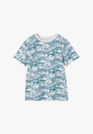 Weißes T-Shirt mit kurzen Ärmeln und durchgehend blauen Skizzen von Haien, Oktopussen und anderen Meerestieren.