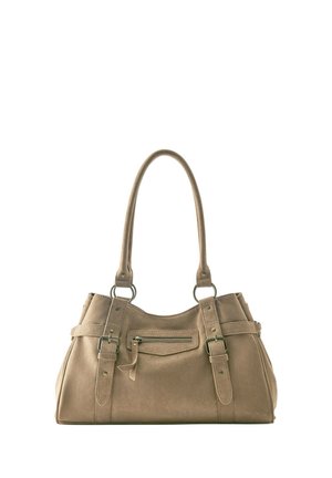 Sac à main beige avec doubles poignées, poche zippée à l'avant, détails de sangle avec boucle et matériau à texture douce.