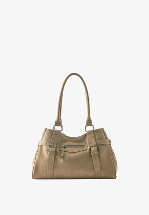 Sac à main beige avec doubles poignées, poche zippée à l'avant, détails de sangle avec boucle et matériau à texture douce.