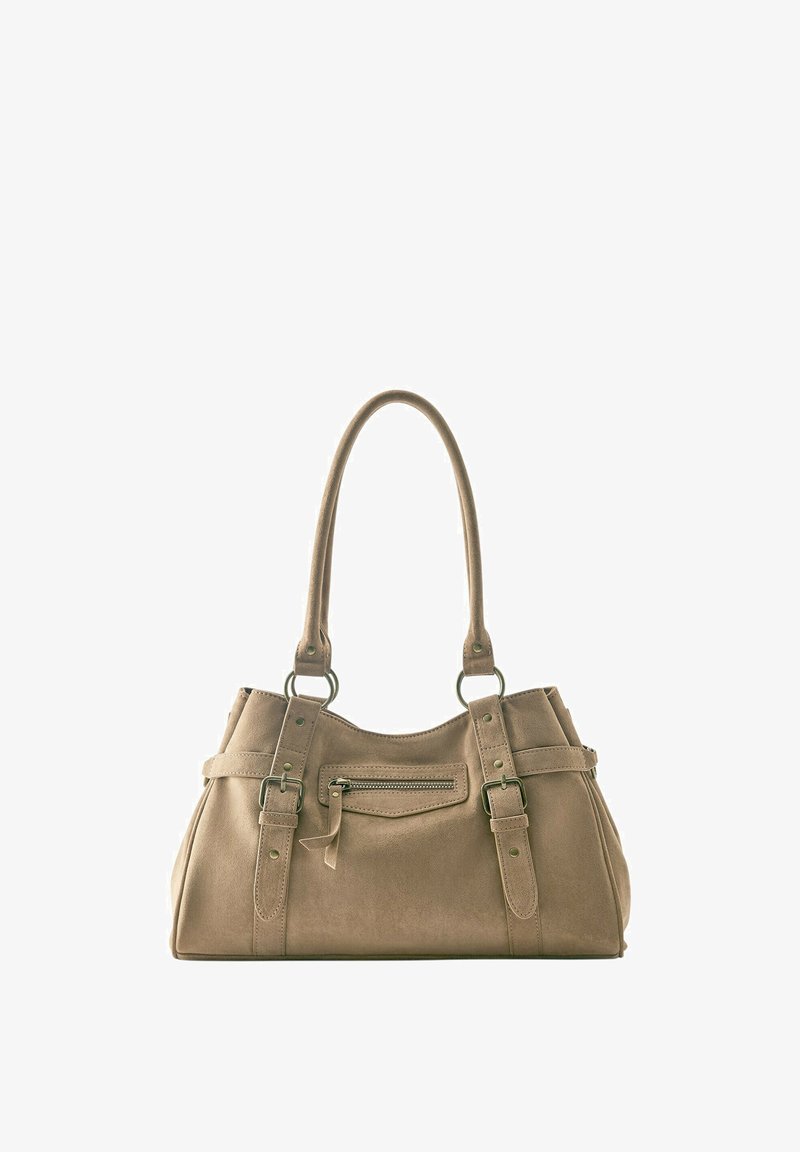 Sac à main beige avec doubles poignées, poche zippée à l'avant, détails de sangle avec boucle et matériau à texture douce.
