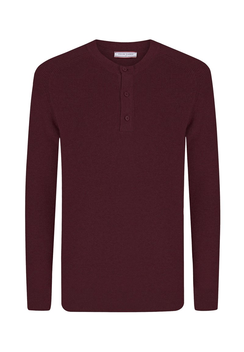 Maglione a coste bordeaux con scollatura henley, dotato di una patta con tre bottoni e maniche lunghe, texture morbida e polsini attillati.