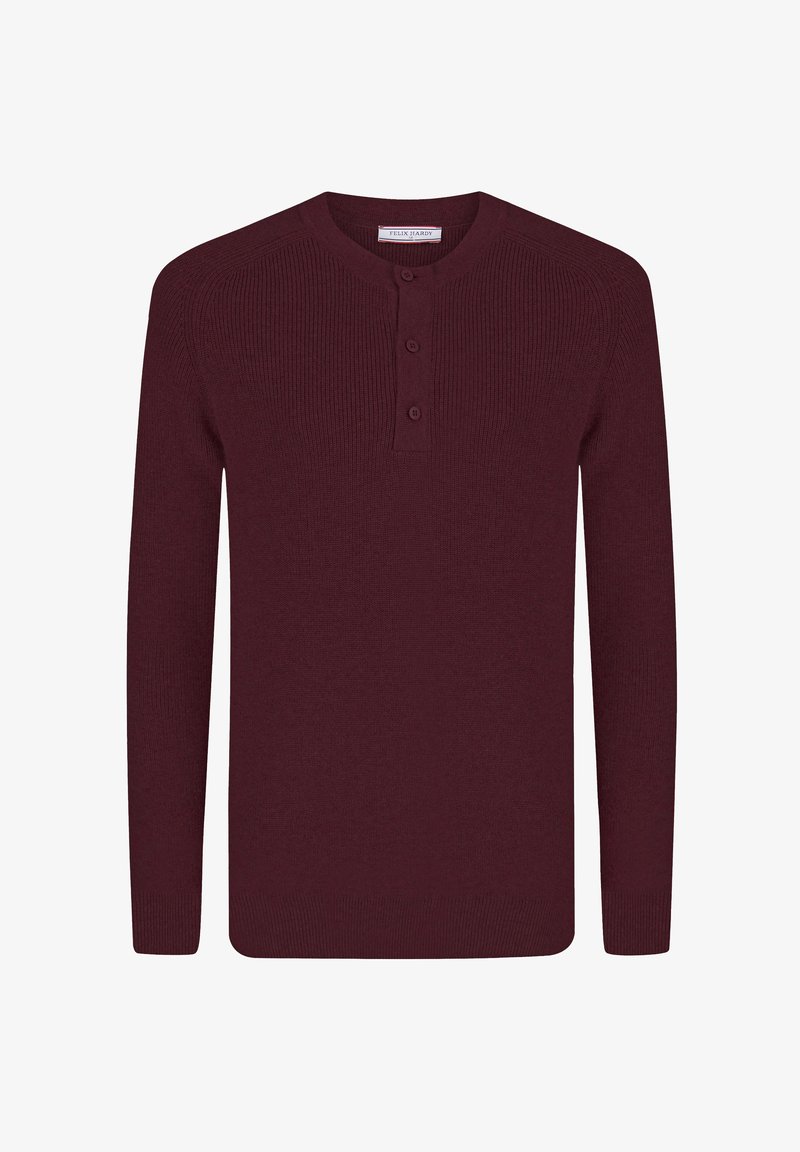 Maglione a coste bordeaux con scollatura henley, dotato di una patta con tre bottoni e maniche lunghe, texture morbida e polsini attillati.