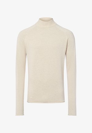 Helles beige Rollkragenoberteil mit langen Ärmeln, aus strukturiertem Strickmaterial gefertigt, mit einer figurbetonten Silhouette und geripptem Kragen.