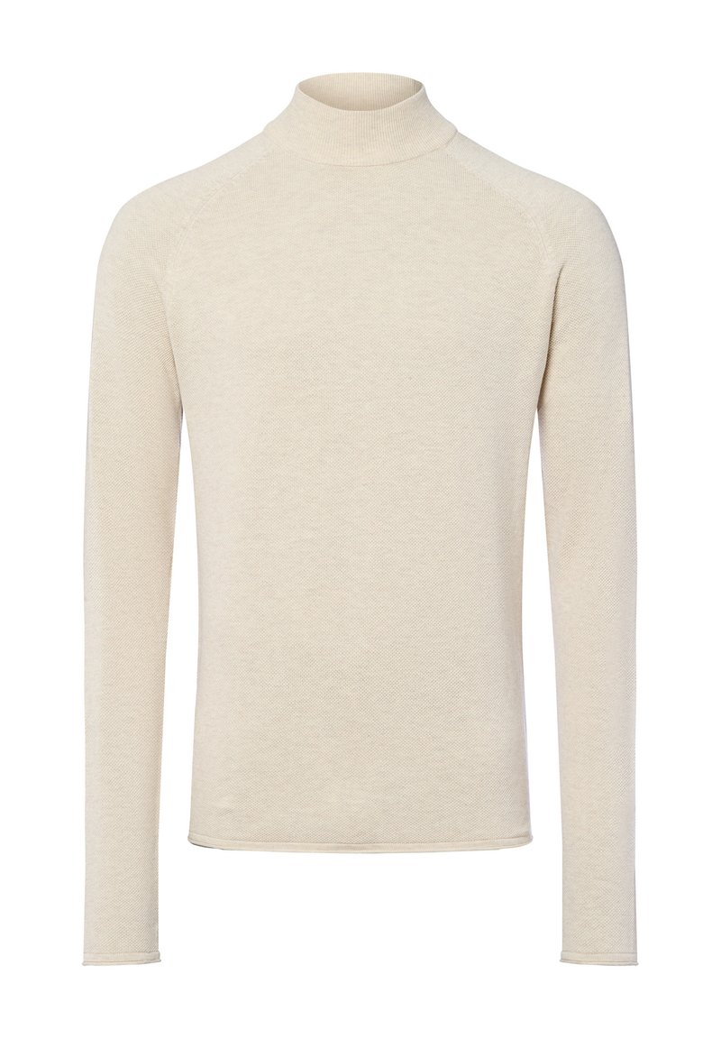 Helles beige Rollkragenoberteil mit langen Ärmeln, aus strukturiertem Strickmaterial gefertigt, mit einer figurbetonten Silhouette und geripptem Kragen.