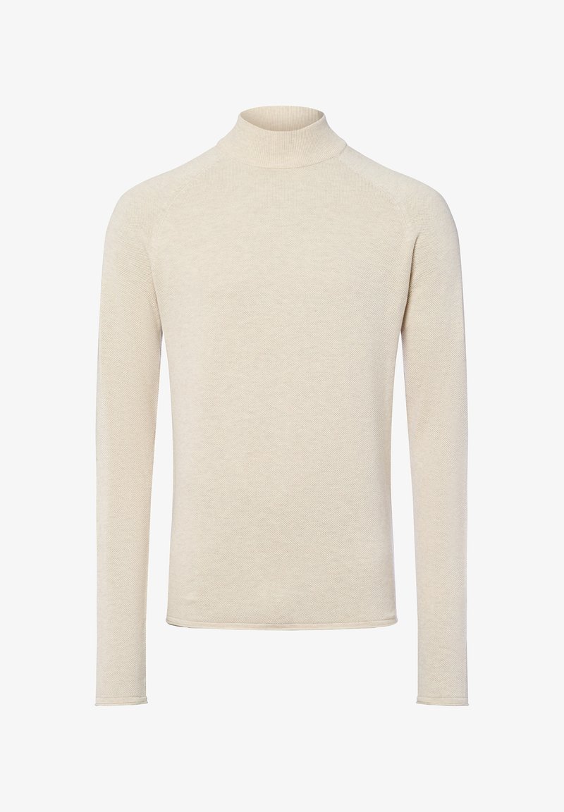 Light beige turtleneck long-sleeve top, made of textured knit material, featuring a fitted silhouette and ribbed collar.