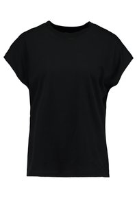 Svart avslappnad T-shirt i bomull, med lös passform, korta ärmar och rund halsringning. Slät textur utan synliga mönster.