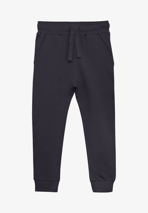 Tmavomodré tepláky vyrobené z bavlnenej zmesi, s elastickým pásom so sťahovacou šnúrkou, bočnými vreckami a ribovanými manžetami.