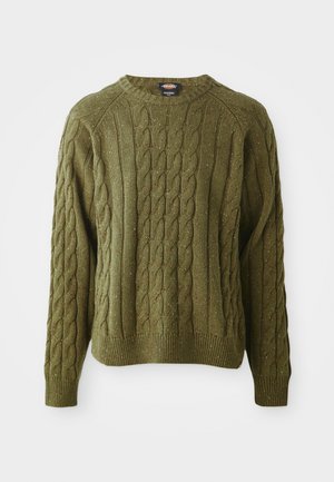 Suéter verde de punto trenzado con cuello redondo, patrón texturizado, puños y dobladillo acanalados, con motas de color a lo largo de la tela.