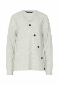 Cardigan grigio chiaro con scollatura a V, caratterizzato da una chiusura diagonale con bottoni neri. Texture morbida e vestibilità rilassata.