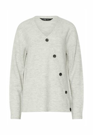 Gilet gris clair avec un col en V, présentant une fermeture à boutons diagonale avec des boutons noirs. Texture douce et coupe décontractée.