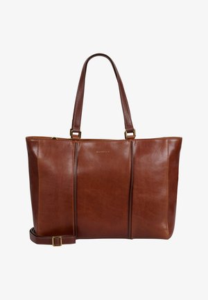 Borsa a mano in pelle marrone con doppi manici e tracolla regolabile, caratterizzata da cuciture verticali discrete e dettagli in metallo dorato.