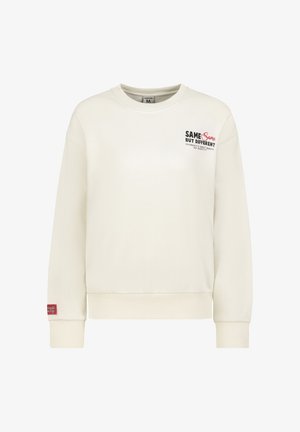 Schaumfarbener Sweatshirt mit langen Ärmeln, rundem Ausschnitt und gerippten Bündchen. Verfügt über schwarzen und roten Text auf der Brust sowie ein rotes Etikett am Ärmel.