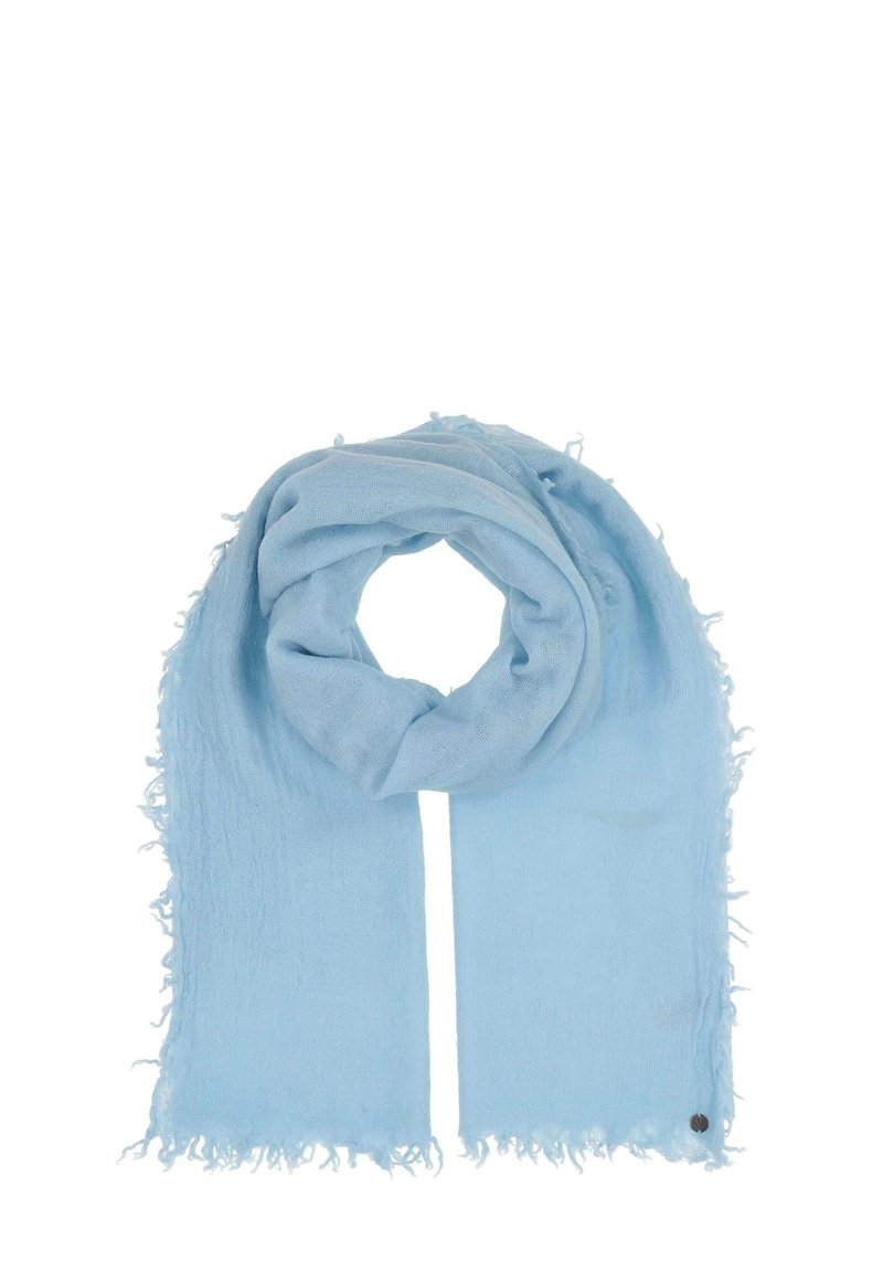 Hele sinine sall, millel on pehme tekstuur, frillide äärtega ja väike metalldetail. Kerge ja langeb lihtsalt.