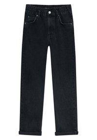 Jean noir taille haute à jambe droite avec revers roulés, bouton et fermeture éclair à l'avant, passants de ceinture et design cinq poches.