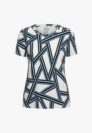 Korte mouwen T-shirt gemaakt van zachte stof met een geometrisch patroon van blauwe en zwarte strepen op een licht crèmekleurige achtergrond.