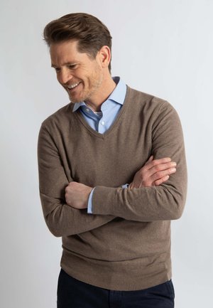 Brown v-neck sweater layered over a light blue checked shirt. The sweater has long sleeves and ribbed cuffs, subtle texture visible.