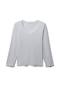 Maglietta grigio chiaro a maniche lunghe con scollatura a V e bordo in pizzo scallop. Tessuto morbido e vestibilità rilassata con orlo dritto.