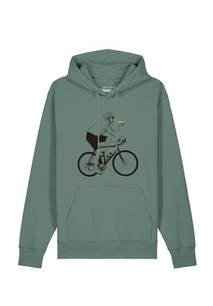 Sweat à capuche vert avec un graphique d'un cycliste portant un casque et tenant une fleur jaune tout en faisant du vélo sur le devant.