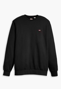 Felpa nera in misto cotone, con scollo rotondo, polsini a coste e un piccolo logo rosso sul petto. Design semplice e rilassato.