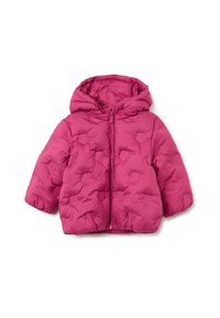 Fuchsia pufferjack met een capuchon, voorzien van een gestikt ontwerp en een volledige rits aan de voorkant. Zachte textuur en elastische manchetten.