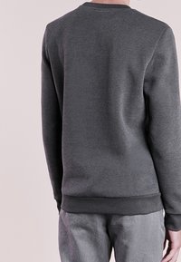 Sudadera de forro polar gris con mangas largas, cuello de canalé y puños. Textura suave con costuras mínimas, vista desde la parte de atrás.