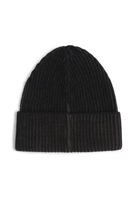 Sort ribbet strikket beanie-hat med opfoldet skygge. Har lodrette linjer og en struktureret finish, letvægts og strækbar.