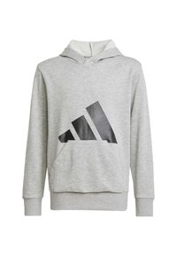 Felpa grigia con cappuccio, maniche lunghe e tasca a marsupio frontale. Presenta un grande logo Adidas nero sul davanti. Texture morbida.