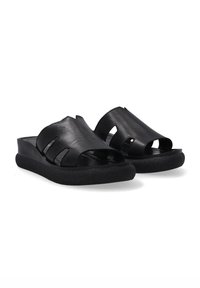 Black leather slide sandals with open toe and cutout details, featuring a textured foam sole for cushioning and comfort.