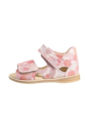 Pink suede sandal with floral pattern, adjustable Velcro straps, open design, and cream-colored sole with stitching detail.