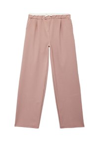Rosa weite Hosen aus weichem Stoff, mit einem weißen elastischen Bund, frontalen Taschen und einem gefalteten Design.