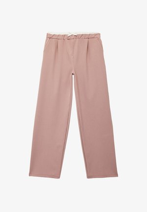 Rosa weite Hosen aus weichem Stoff, mit einem weißen elastischen Bund, frontalen Taschen und einem gefalteten Design.