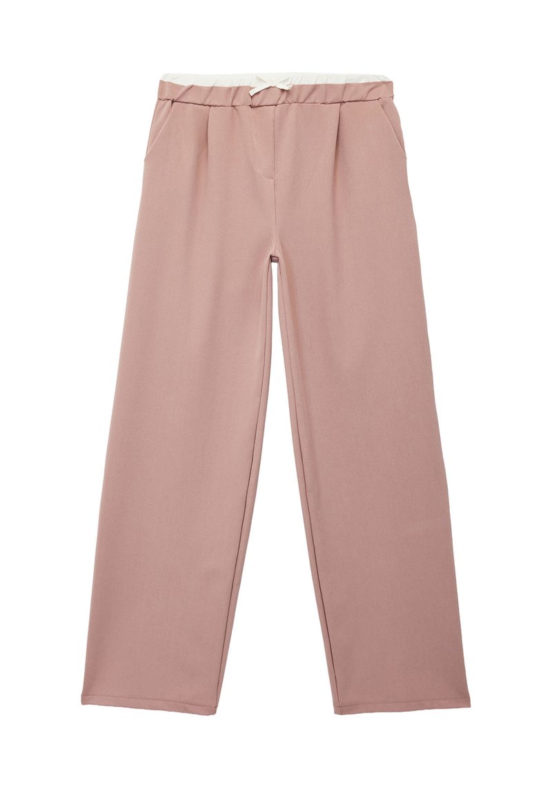 Rosa weite Hosen aus weichem Stoff, mit einem weißen elastischen Bund, frontalen Taschen und einem gefalteten Design.