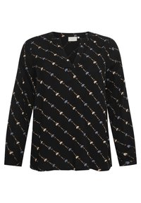 Black long-sleeve blouse featuring a V-neck, diagonal floral pattern in blue and beige with scattered accents and soft fabric texture.