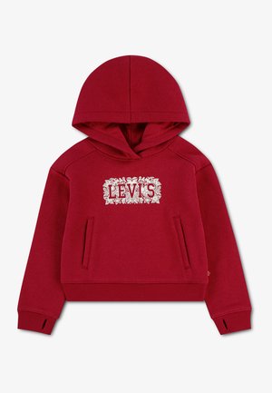 Czerwona bluza z kapturem z przednimi kieszeniami i białym kwiatowym logo Levi's na środku klatki piersiowej, ściągacze z otworami na kciuki oraz ściągacz na dole.