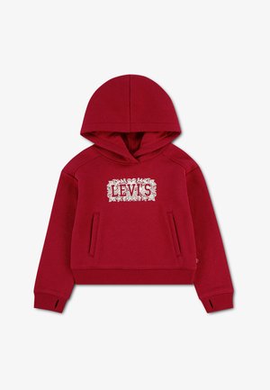 Czerwona bluza z kapturem z przednimi kieszeniami i białym kwiatowym logo Levi's na środku klatki piersiowej, ściągacze z otworami na kciuki oraz ściągacz na dole.